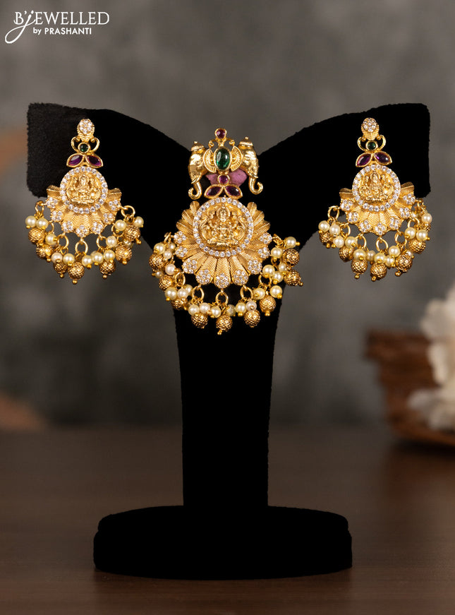 Antique pendant set lakshmi design with kemp & cz stones and golden beads hanging