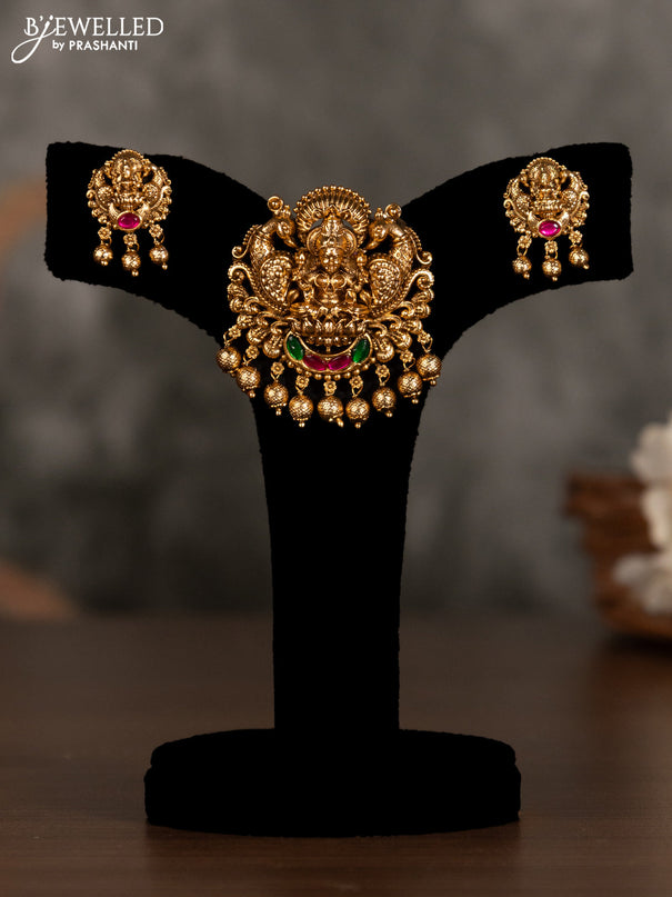Antique pendant set lakshmi design with kemp stones and golden beads hanging