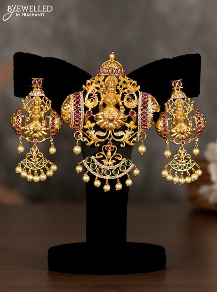 Antique pendant set lakshmi design with kemp & cz stones and pearl hangings