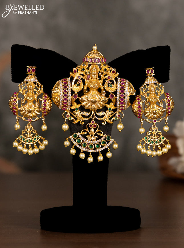 Antique pendant set lakshmi design with kemp & cz stones and pearl hangings