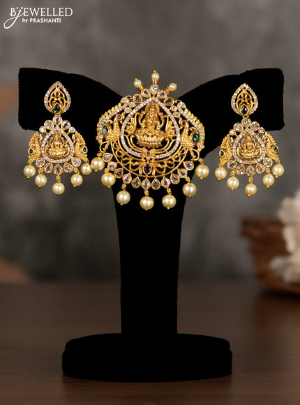 Antique pendant set lakshmi design with kemp & cz stones and pearl hangings
