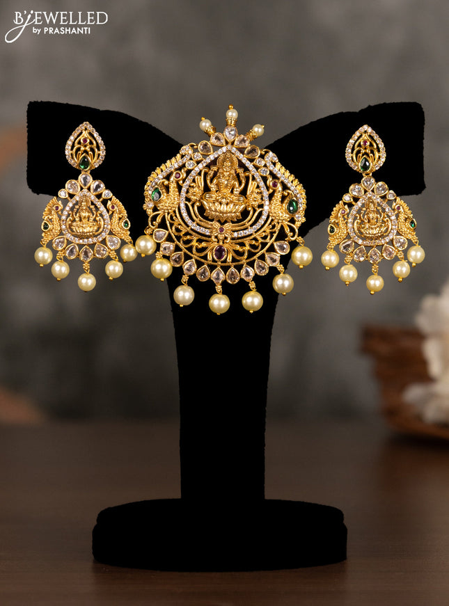 Antique pendant set lakshmi design with kemp & cz stones and pearl hangings