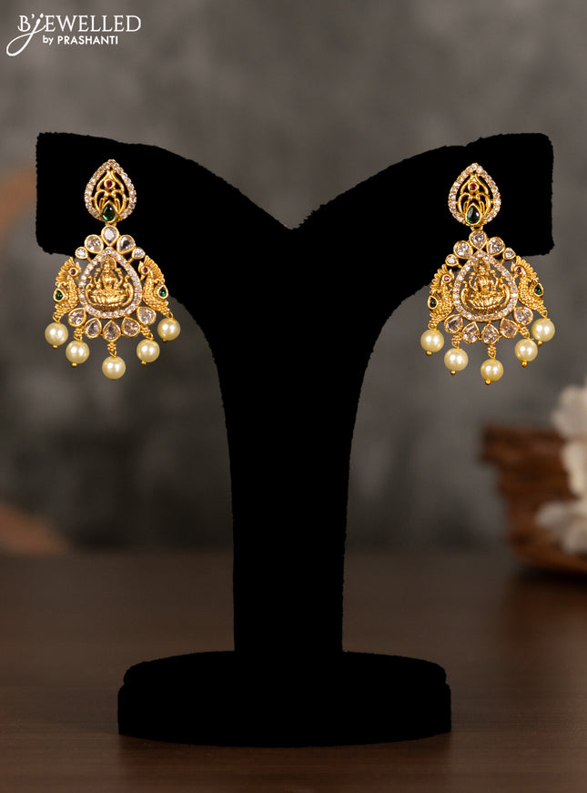 Antique pendant set lakshmi design with kemp & cz stones and pearl hangings
