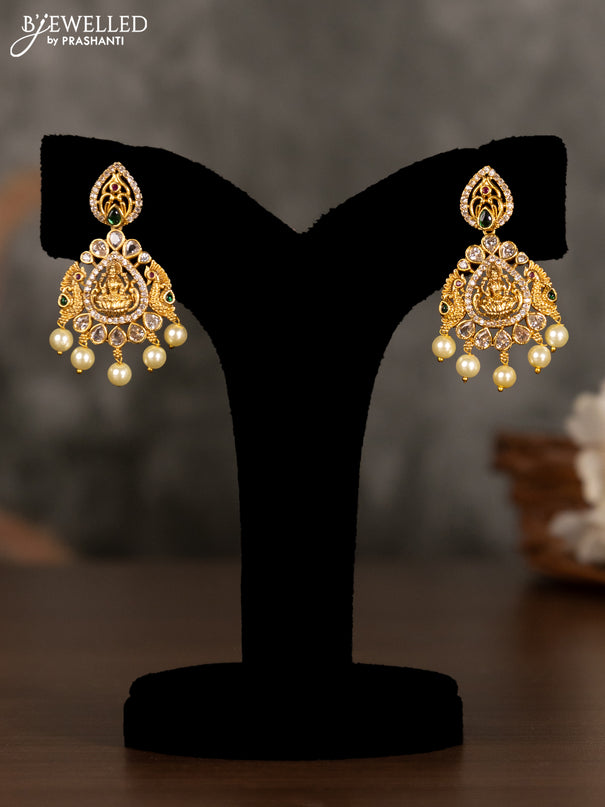 Antique pendant set lakshmi design with kemp & cz stones and pearl hangings