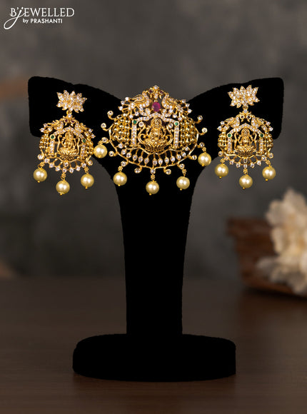 Antique pendant set lakshmi design with kemp & cz stones and pearl hangings