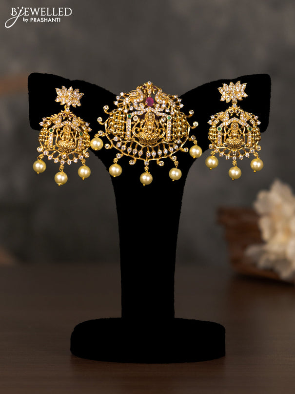 Antique pendant set lakshmi design with kemp & cz stones and pearl hangings