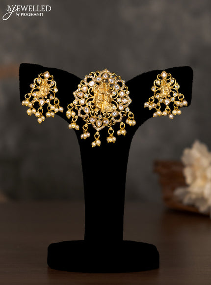 Antique pendant set radha krishna design with kundan & cz stones and pearl hangings