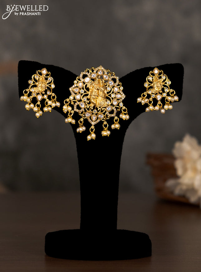 Antique pendant set radha krishna design with kundan & cz stones and pearl hangings