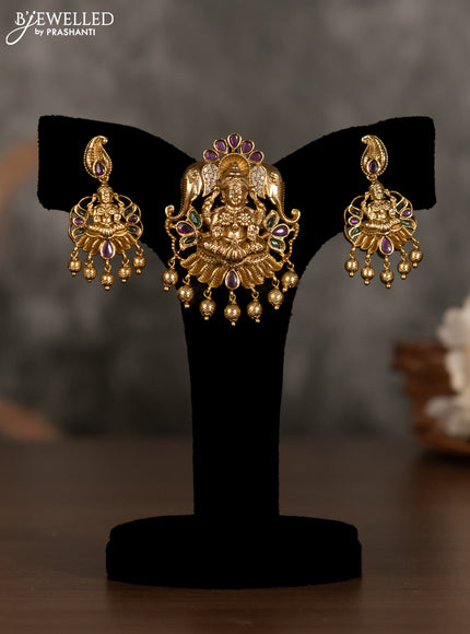 Antique pendant set lakshmi design with kemp & cz stones and golden beads hanging