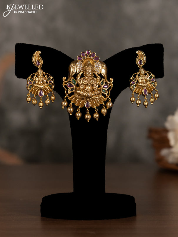 Antique pendant set lakshmi design with kemp & cz stones and golden beads hanging
