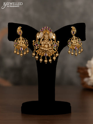 Antique pendant set lakshmi design with kemp & cz stones and golden beads hanging