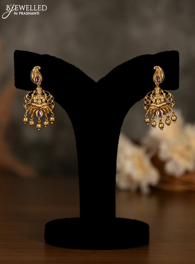 Antique pendant set lakshmi design with kemp & cz stones and golden beads hanging