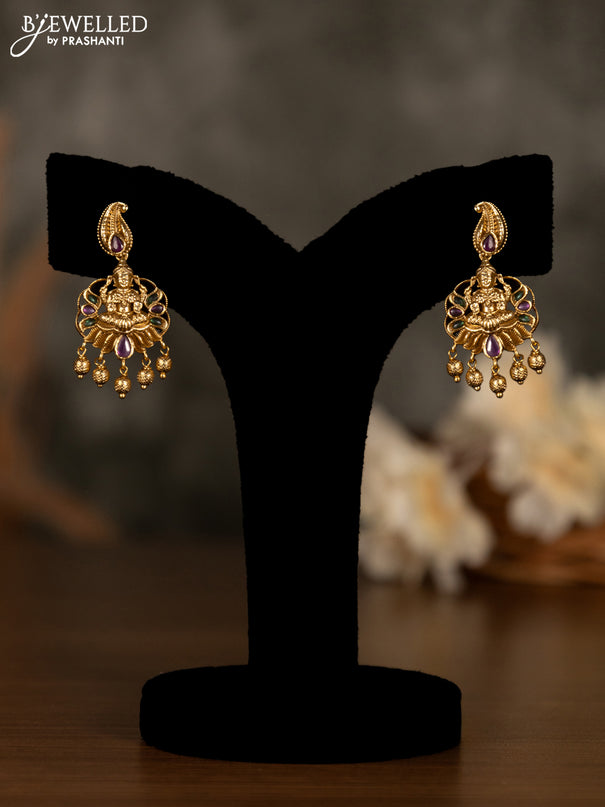 Antique pendant set lakshmi design with kemp & cz stones and golden beads hanging