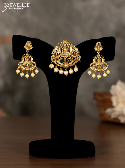 Antique pendant set lakshmi design with kemp stones and pearl hangings
