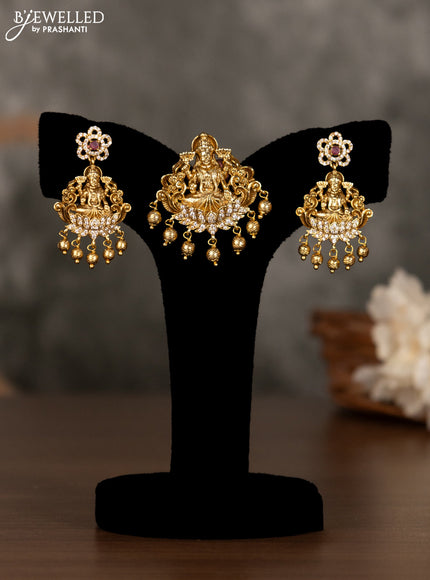 Antique pendant set lakshmi design with pink kemp & cz stones and golden beads hanging