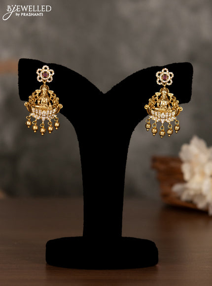 Antique pendant set lakshmi design with pink kemp & cz stones and golden beads hanging