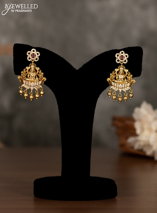 Antique pendant set lakshmi design with pink kemp & cz stones and golden beads hanging