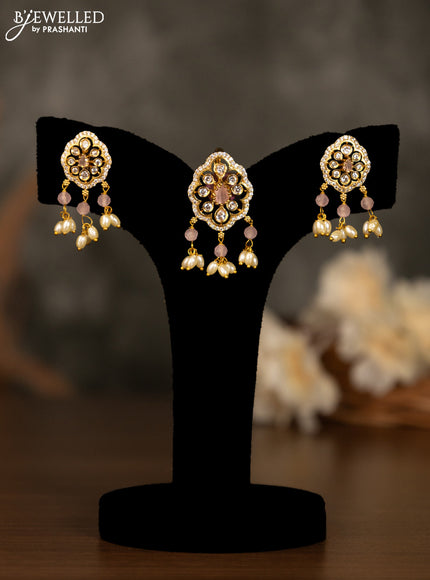 Antique pendant set with baby pink & cz stones and pearl hangings