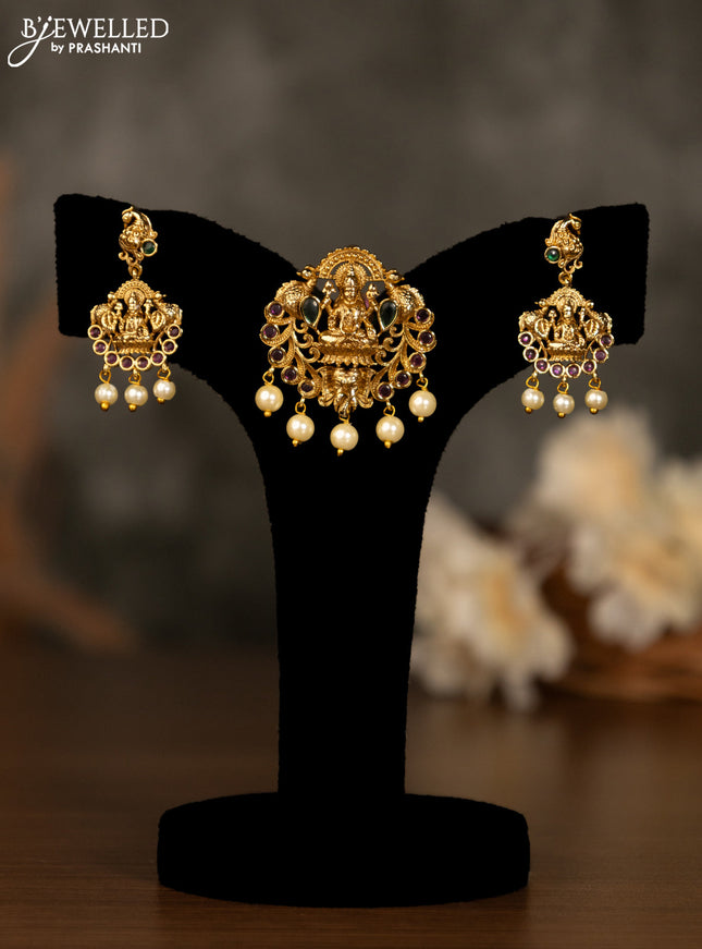 Antique pendant set lakshmi design with kemp & cz stones and pearl hangings