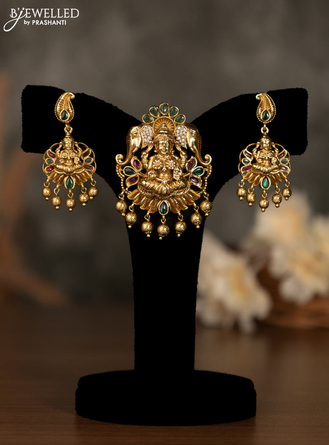 Antique pendant set lakshmi design with kemp & cz stones and golden beads hanging