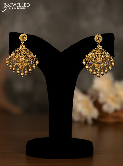 Antique pendant set lakshmi design with kemp stones and golden beads hanging