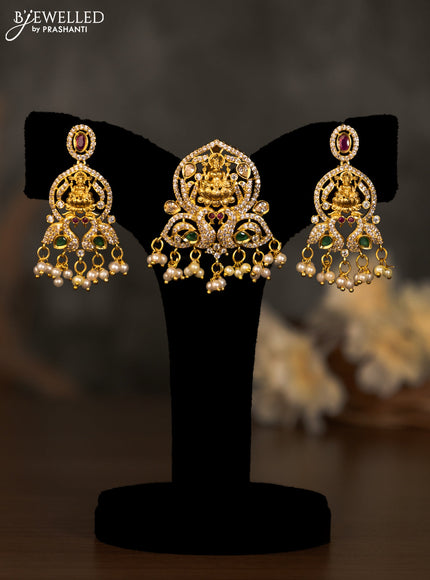 Antique pendant set lakshmi design with kemp & cz stones and pearl hangings