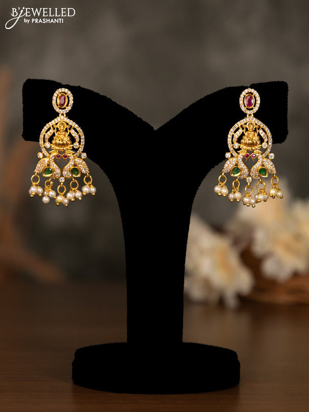 Antique pendant set lakshmi design with kemp & cz stones and pearl hangings