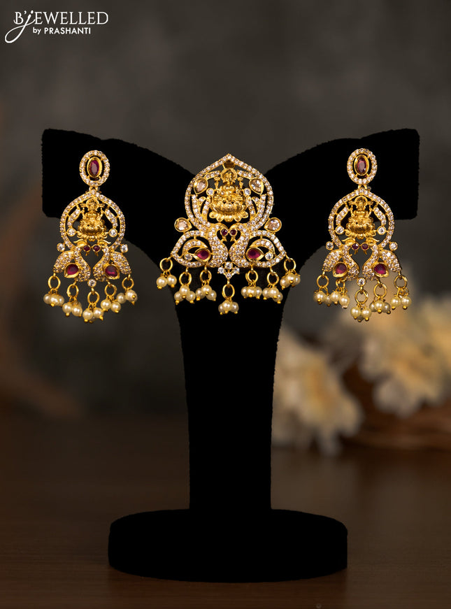 Antique pendant set lakshmi design with pink kemp & cz stones and pearl hangings