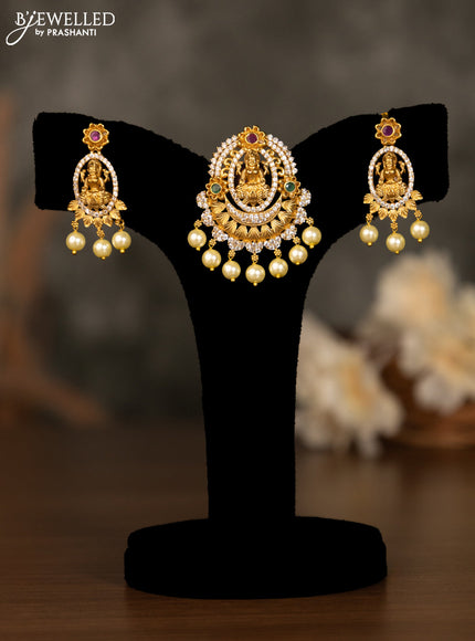 Antique pendant set lakshmi design with kemp & cz stones and pearl hangings