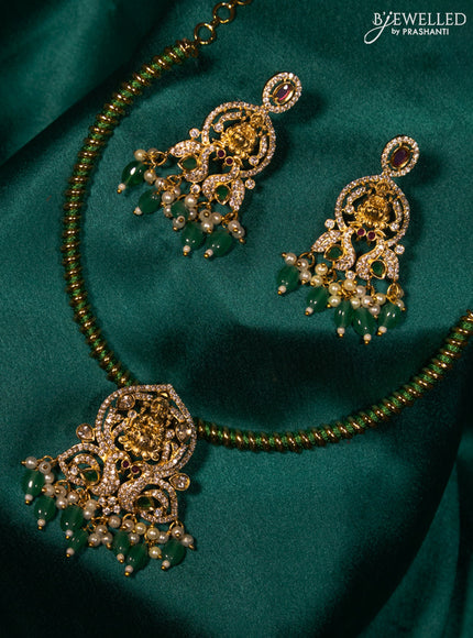 Antique ring type choker lakshmi design with pink kemp & cz stones and beads hanging