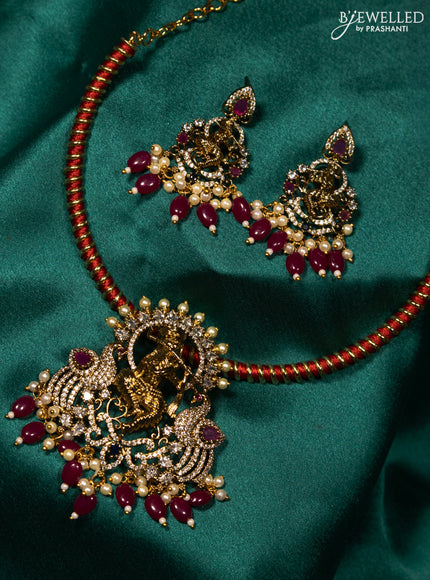 Antique ring type choker pink kemp & cz stones with krishna pendant and beads hanging