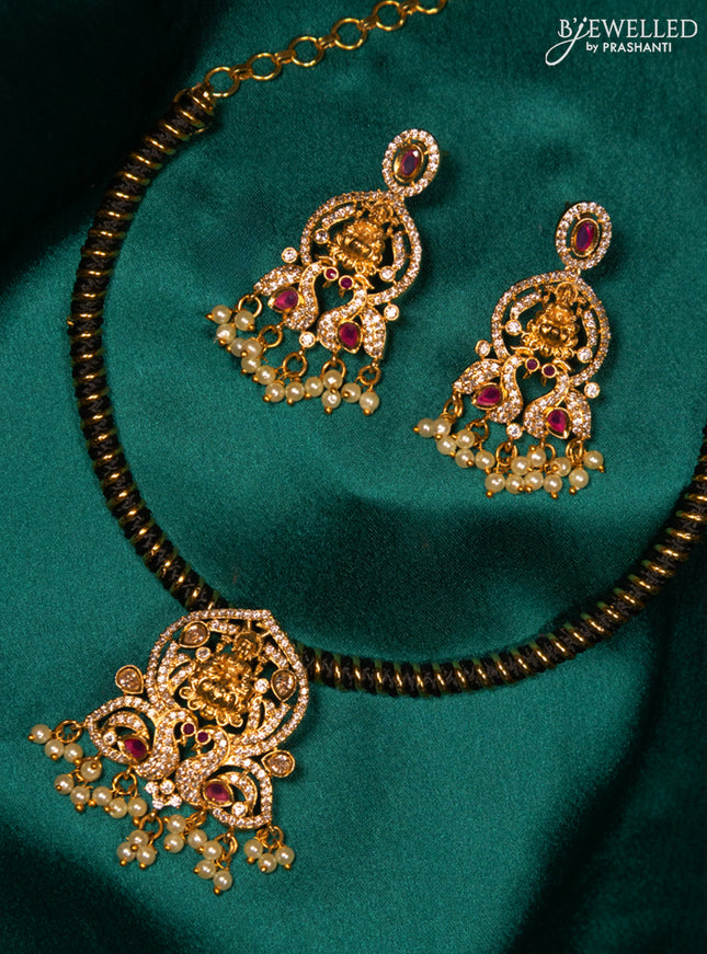 Antique ring type choker pink kemp & cz stones with lakshmi pendant and pearl hangings