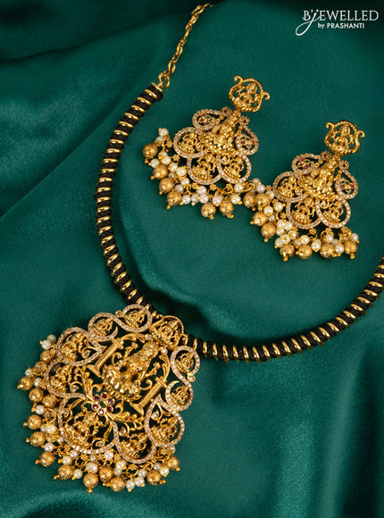 Antique ring type choker kemp & cz stones with lakshmi pendant and golden beads hanging