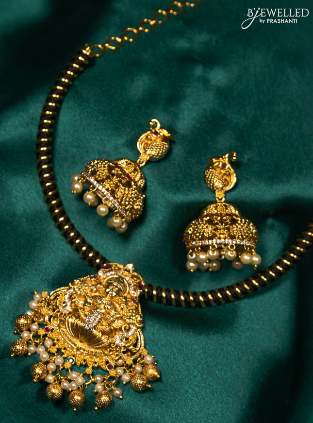 Antique ring type choker kemp & cz stones with lakshmi pendant and golden beads hanging