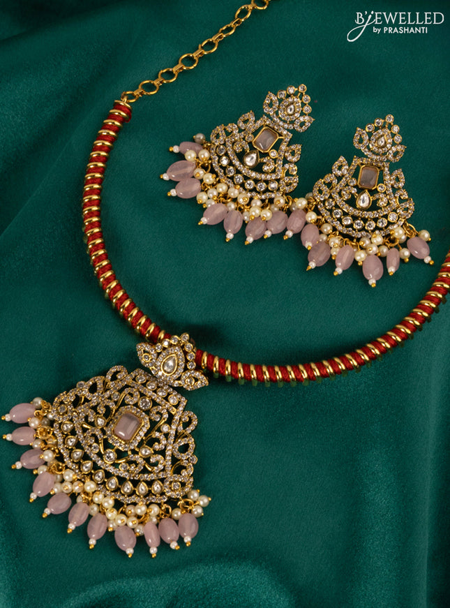 Antique ring type choker with baby pink & cz stones pendant and beads hanging