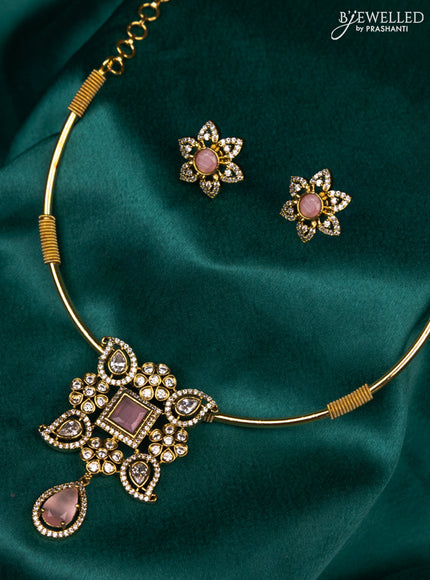 Antique ring type choker with baby pink and cz stones pendant