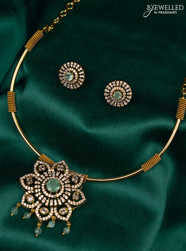 Antique ring type choker with mint green & cz stones pendant and beads hanging