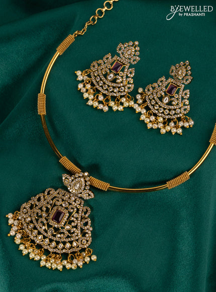 Antique ring type choker with pink kemp & cz stones pendant and pearl hangings