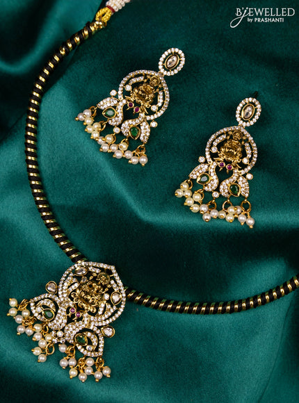 Antique ring type choker green kemp & cz stone with lakshmi pendant and pearl hangings