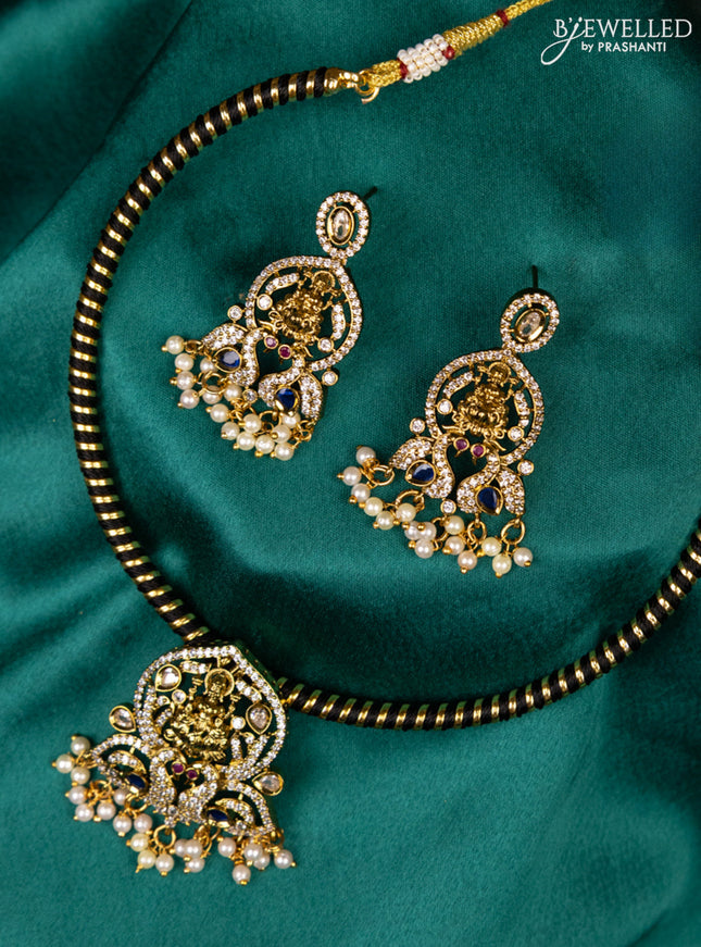 Antique ring type choker sapphire & cz stones with lakshmi pendant and pearl hangings