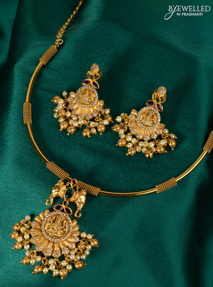 Antique ring type choker kemp & cz stones with lakshmi pendant and golden beads hanging