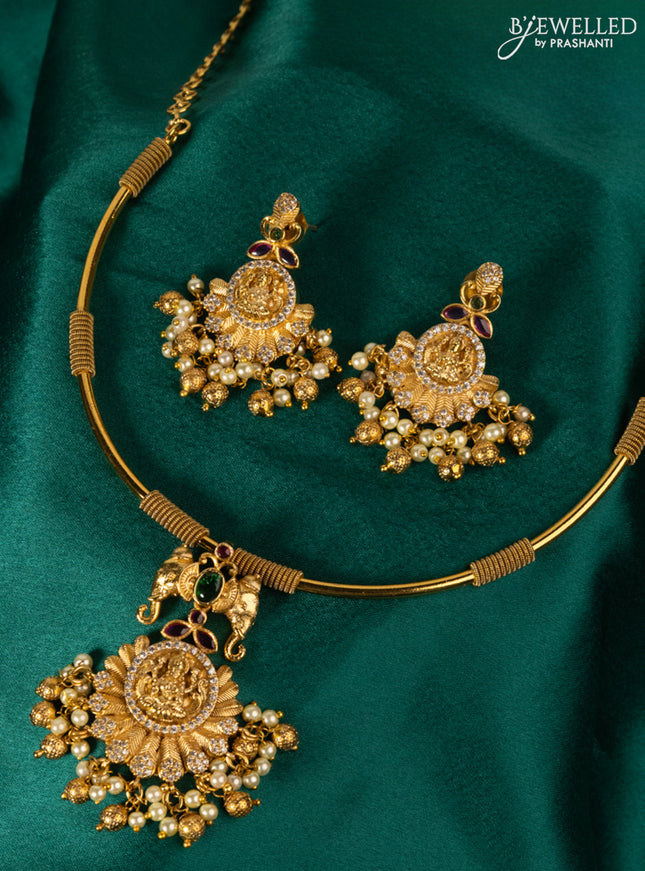Antique ring type choker kemp & cz stones with lakshmi pendant and golden beads hanging