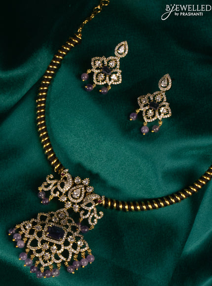 Antique ring type choker with violet & cz stones pendant and lavender beads hanging