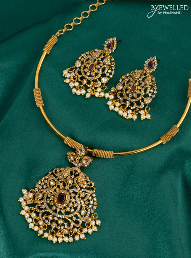 Antique ring type choker with pink kemp & cz stones pendant and pearl hangings