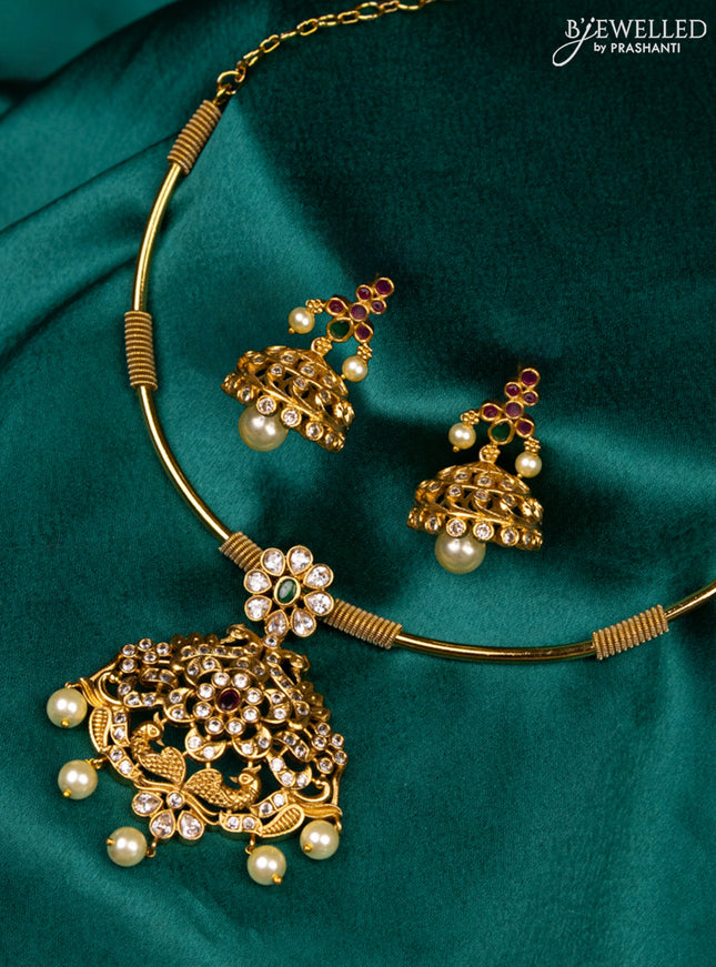 Antique ring type choker with kemp & cz stones pendant and pearl hangings