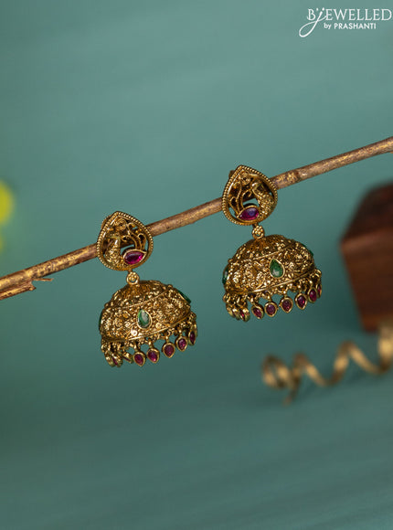 Antique jhumka peacock design with kemp stones and hangings