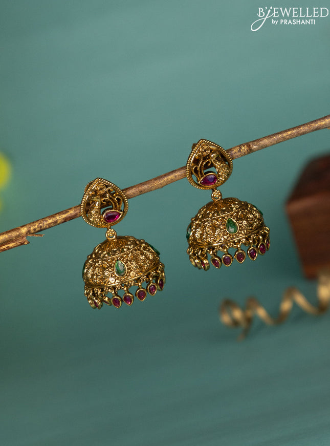 Antique jhumka peacock design with kemp stones and hangings