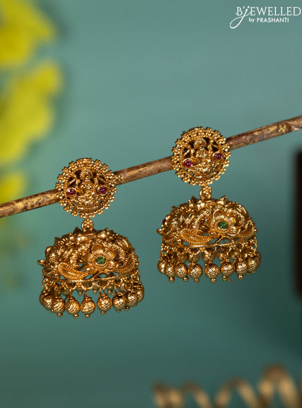 Antique jhumka with kemp stones and golden beads hanging