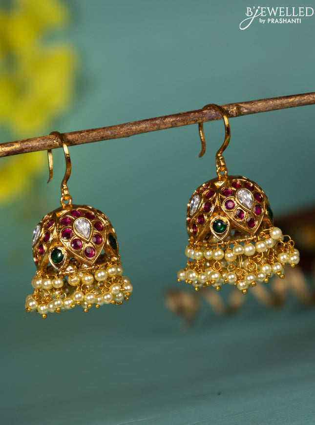 Antique hanging type jhumka with kemp & kundan stones and pearl hangings