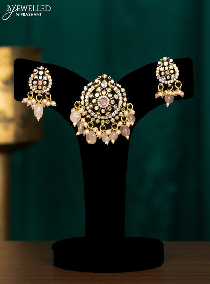 Pendant set with baby pink & cz stones and beads hanging in victorian finish